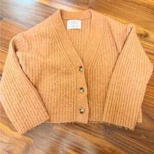 Zara Girls Croppwd Ribbed Button-Front Sweater Cardigan — Peach Rust